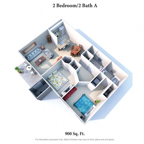 Floor plan for 2 beds, 2 baths, 900 sqft